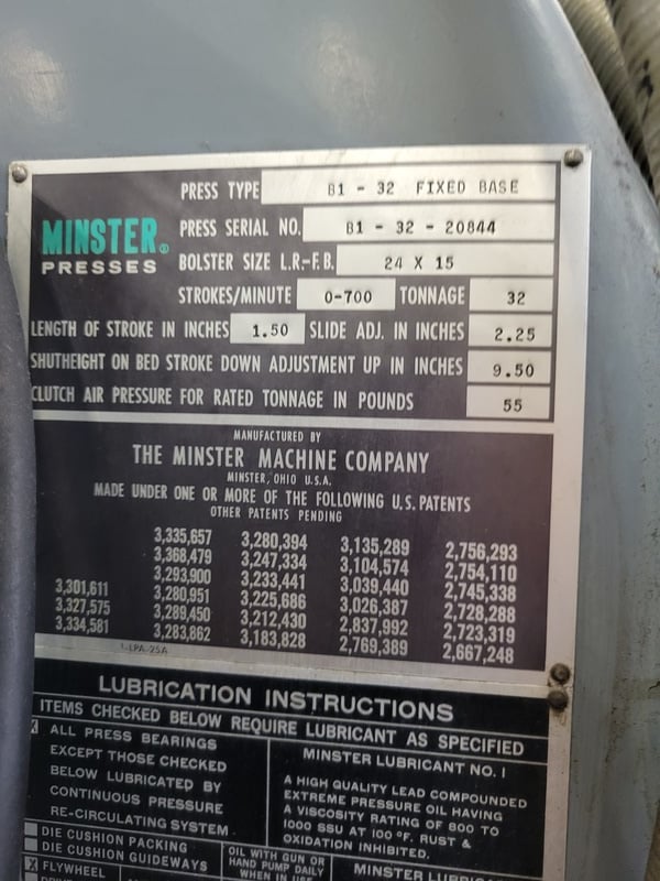 32 Ton, Minster #B1-32, Open Gap Frame Press, 700 SPM, 1.5" stroke, 2.25" adj, 9.5" Shut Height, 24" x 15" - Image 5