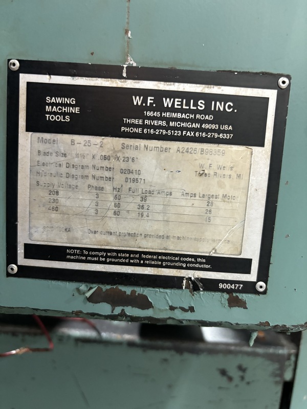 40" x 25" W.f. Wells #B-25-2, Semi-Auto Horiz Band Saw, 10 HP, 1.5" x 0.042" x 236" blade, 60-500 SFPM, 26" - Image 3