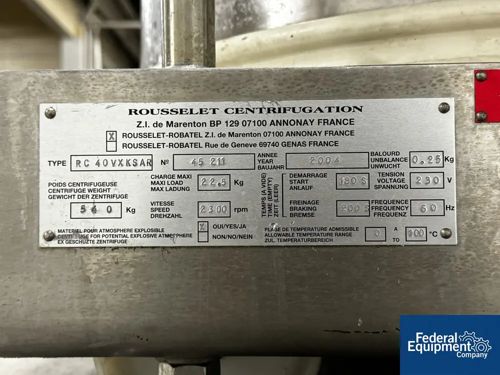 15.7" x 11" Rousselet Robatel #RC40VXKSAR, Vert Basket Centrifuge, hastelloy C22, 3000 RPM, 49.3 lb. - Image 3