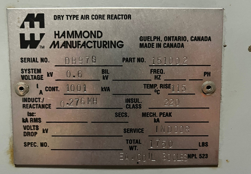 Hammond 151002, dry type air core reactor, 1001 KVA, 0.276 mH, 600 Volts - Image 2