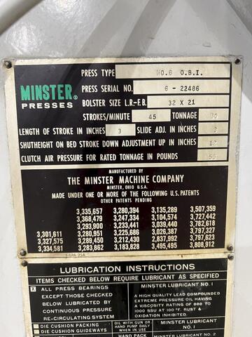 60 Ton, Minster #6, OBI Stamping Press, 3" Stroke, 3" Adjustment, 12" Shut H, 32" x 21" Bolster - Image 2