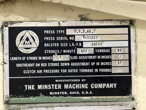 75 Ton, Minster #7, OBI FW Press, 4" Stroke, 4" Adjustment, 16" Shut H, 120 SPM, 36" x 24" Bed - Image 3