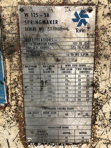 No. W125-SA Torrington, Spring Coiler/Coil Making Machine, 0.105"-0.25" Wire diameter, 0.375"-4.25" Coil - Image 3