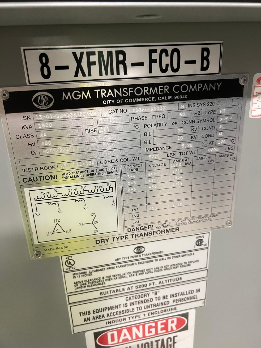 1500 KVA 480 Delta Primary, 400Y Secondary, Dry Type Transformer (504,480,456) - Image 1
