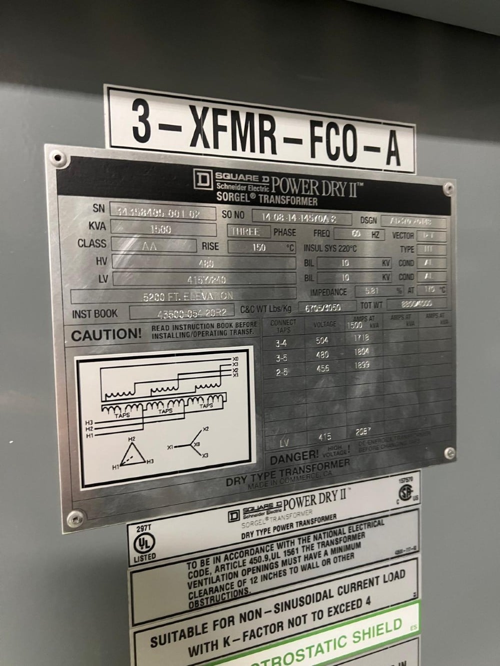 1500 KVA 480 Delta Primary, 415Y/240 Secondary, Dry Type Transformer (504,480,456) - Image 1