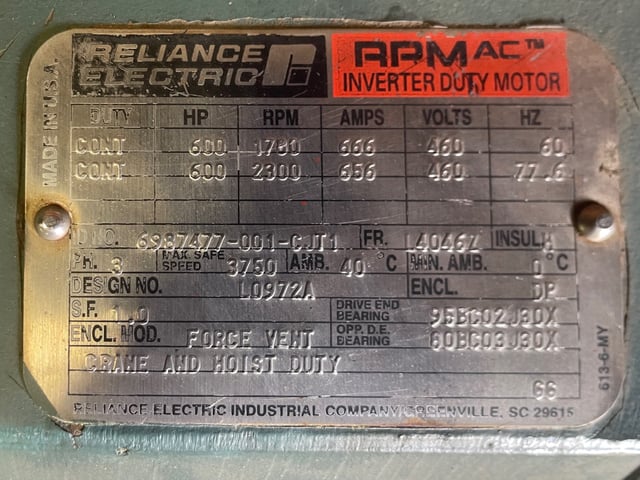600 HP 1800 RPM Reliance, Frame L4046Z, DPFVBB, 460 Volts - Image 3