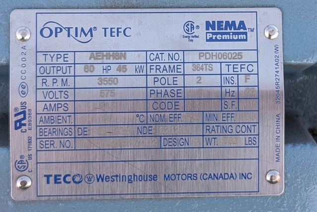 60 HP 3550 RPM Teco Westinghouse #AEHH8N, electric driver, 2025 - Image 4