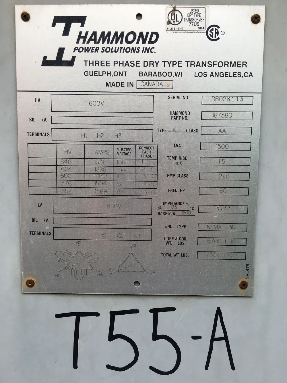 1500 KVA 600 Primary, 480 Secondary, Hammond Transformer - Image 1