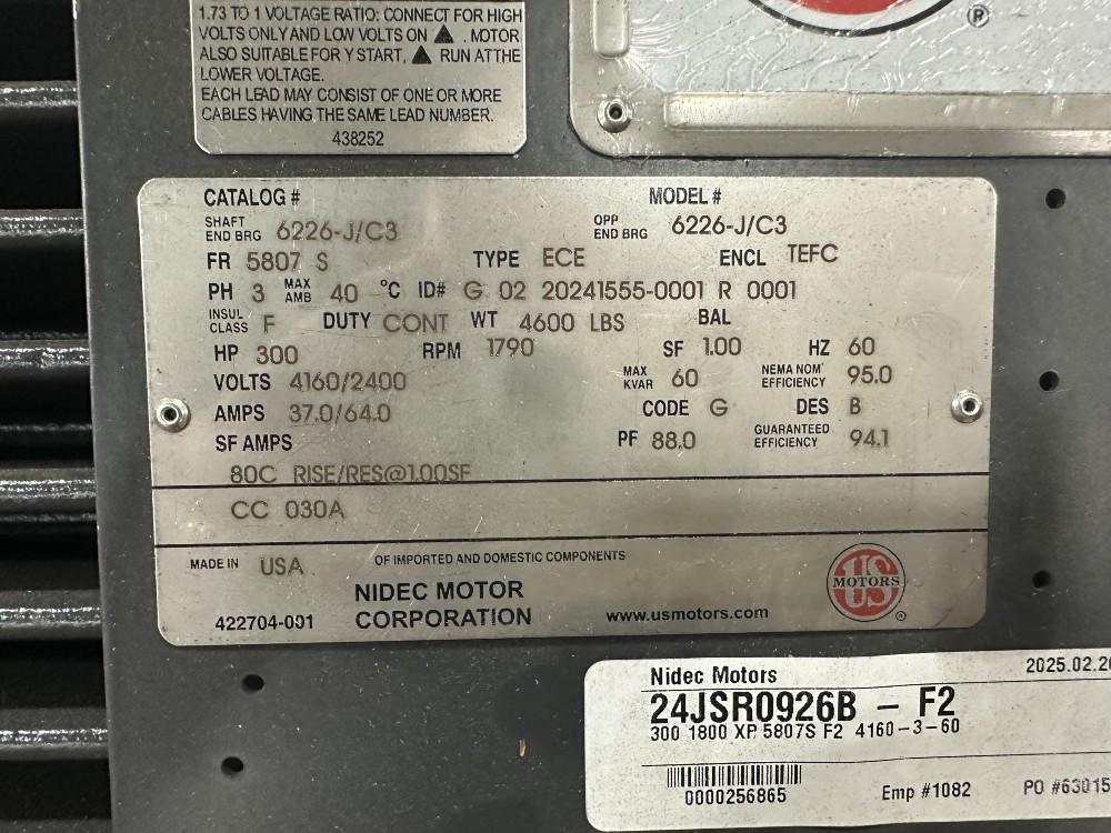 300 HP 1790 RPM Nidec, Frame 5807S, TEFC, explosion proof, New, 2400/4160 Volts, 3-Phase, 60 Hz - Image 4