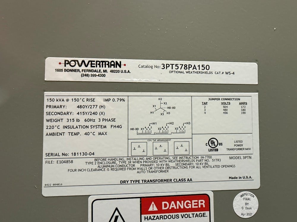 150 KVA 480Y/277 Primary, 415Y/240 Secondary, Powertran Dry-Type Transformer, Never Energized - Image 3