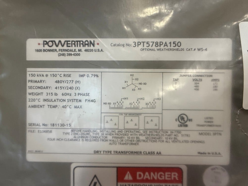 150 KVA 480Y/277 Primary, 415Y/240 Secondary, Powertran Dry-Type Transformer, Never Energized - Image 4