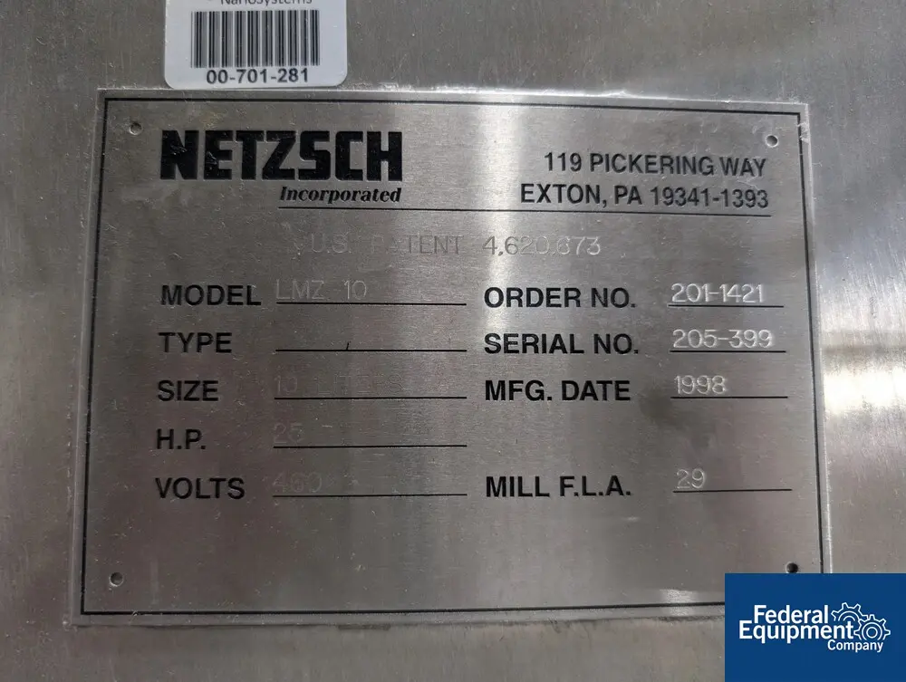 Netzsch #LMZ-10, Bead Mill, 10L jacketed chamber, 25 HP, 460 V., 1998 - Image 2
