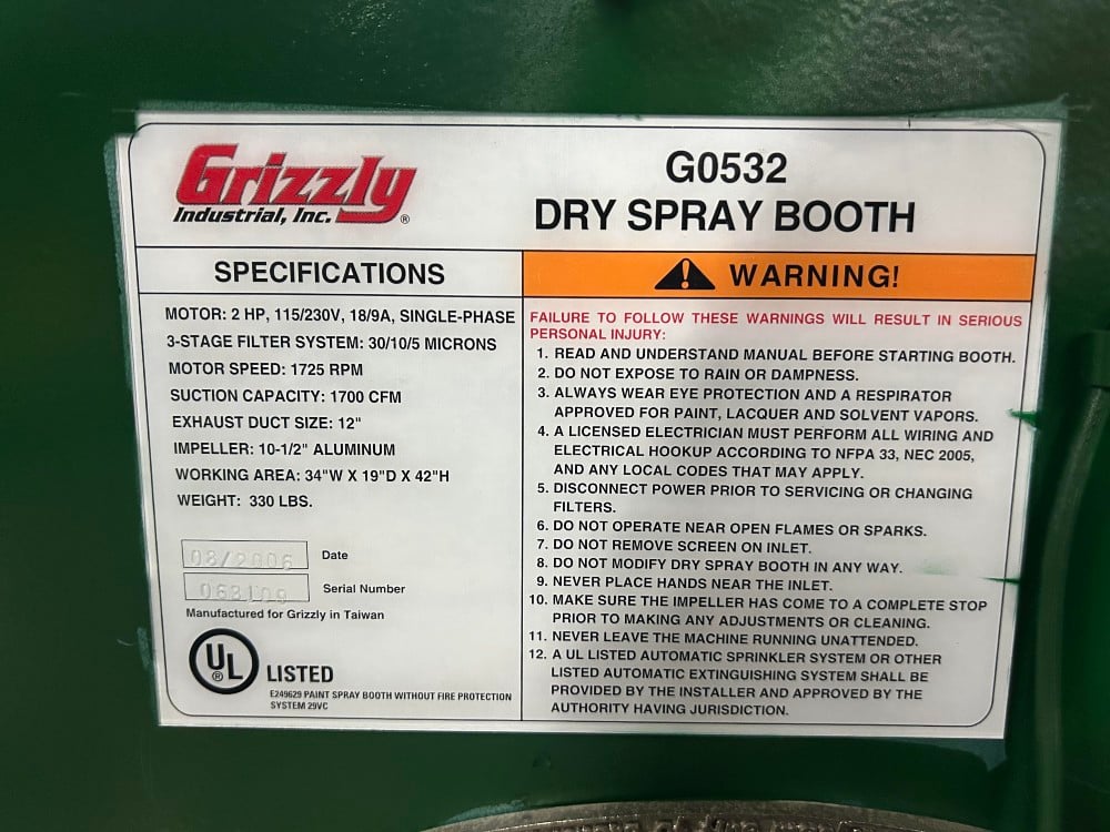 Grizzly #G0532, Dry Spray Booth, 34" x 19", reconditioned - Image 7