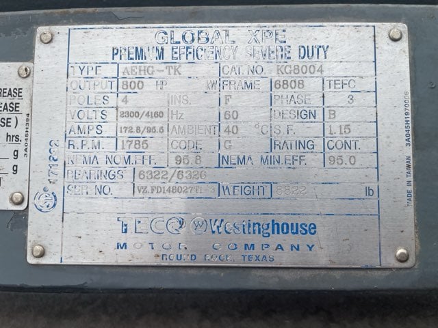 800 HP 1800 RPM Teco Westinghouse, Frame 6808BZ, TEFC BB, 2300/4160 Volts - Image 3