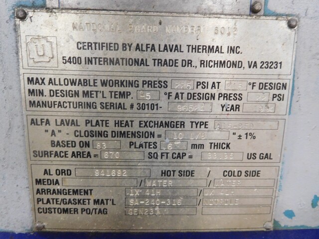 992 sq.ft., Alfa-Laval, A15B, 316 Stainless Steel heat exchanger, 225 psi - Image 7