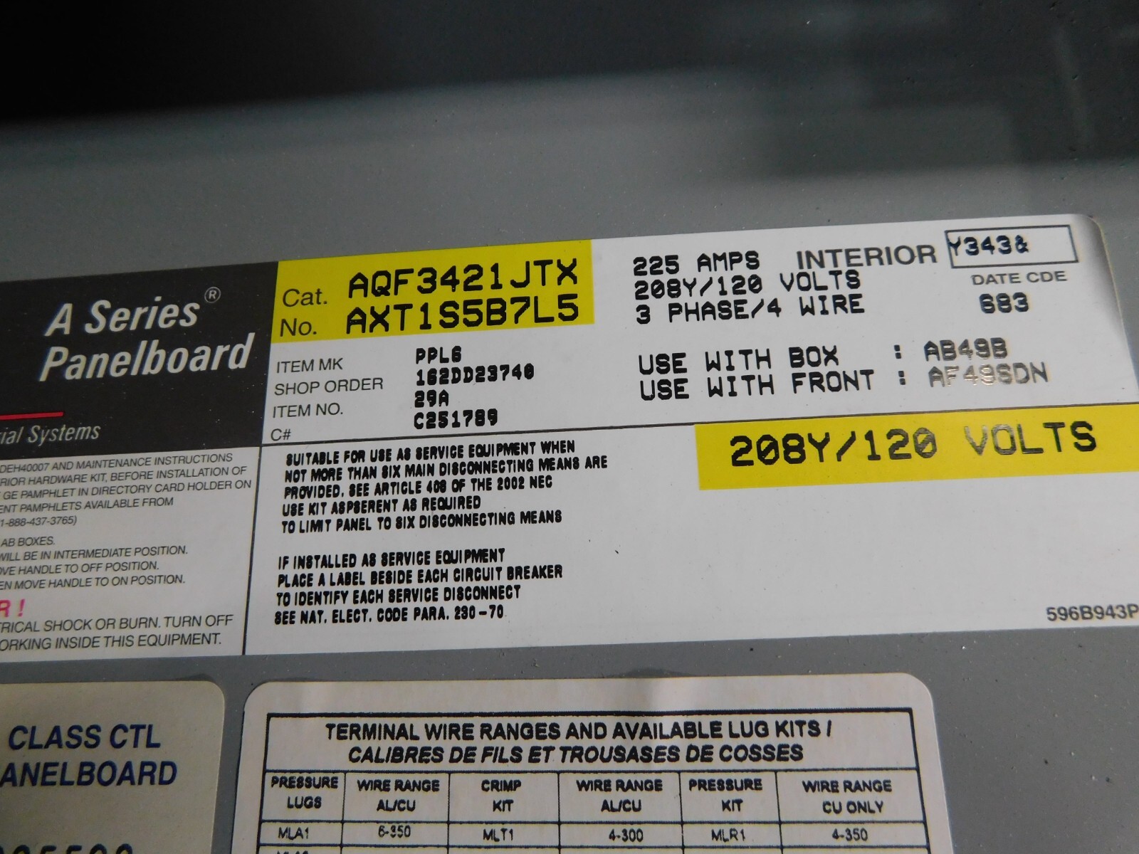225 Amp. General Electric, AQF3421JTX, Spectra-A-Series panelboard, 4 wire, 120/208Y Volts - Image 9