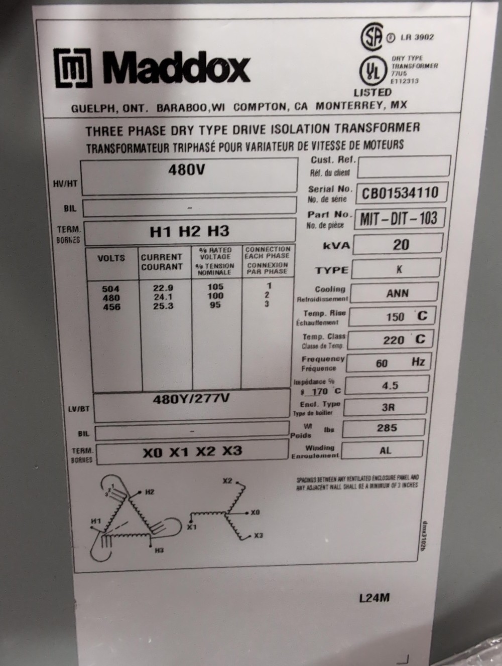 20 KVA 480 Delta Primary, 480Y/277 Secondary, 3 phase, Dry Type Isolation Transformer, Ready To Ship, New - Image 2