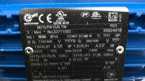 .5 HP 1725 RPM Nord #SK71LP/4 CUS TW, Gear Motor, 92.82:1 Ratio, 3 Phase, 230/460 Volts, 2023 - Image 2