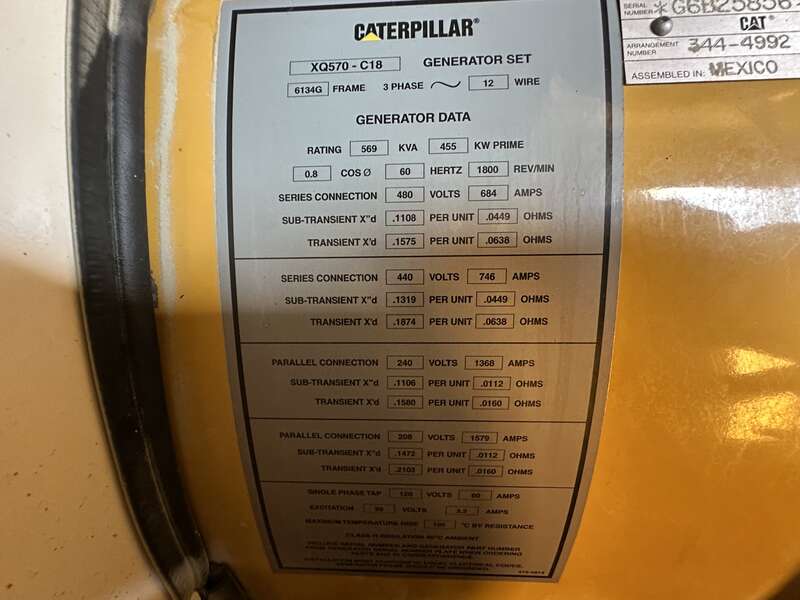 500 KW Caterpillar #XQ570, diesel generator set, multi-volt, 2011 hours, 779 HP @ 1800 RPM, C18 engine, EPA - Image 10
