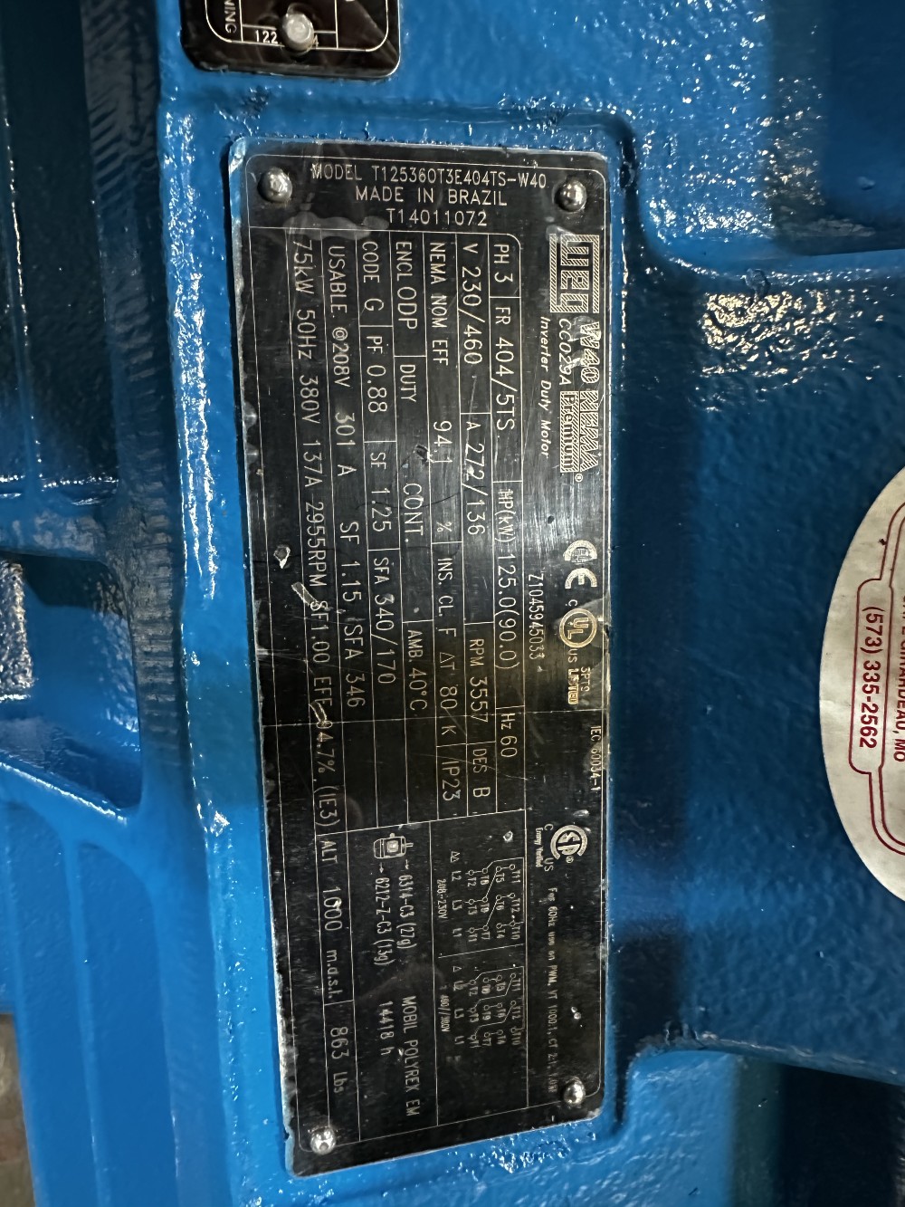 125 HP 3600 RPM Weg, Frame 404/5TS, ODP, T12536ot3e404ts-w40, 230/460 Volts, F1 mounting - Image 5