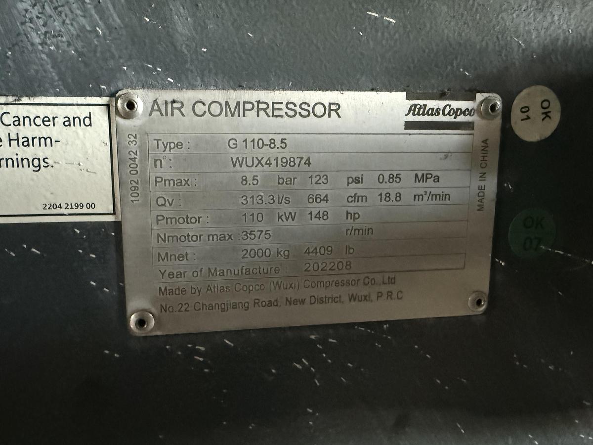 Atlas Copco #G-110-8.5, air compressor, 148 HP, 2022 - Image 5