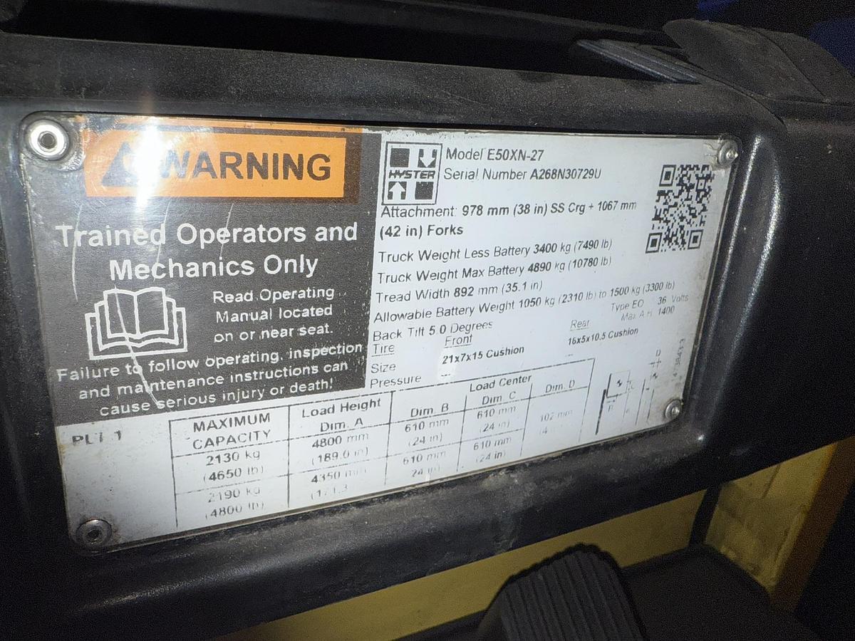 5000 lb. Hyster #E50XN-27, electric forklift, 2-stage mast - Image 3