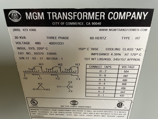 30 KVA 480 Primary, 400Y/231 Secondary, MGM Transformer, Dry Type Power Transformer, 3 Phase, 60 Hz - Image 3