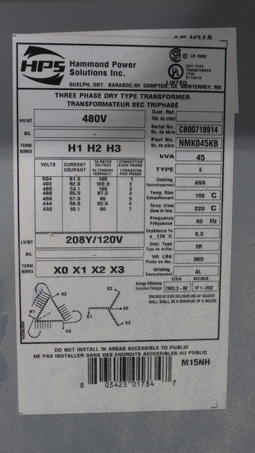 45 KVA 480 Primary, 208Y/120 Secondary, Hammond, Dry Type Transformer, 3 Phase, 60 Hz - Image 4