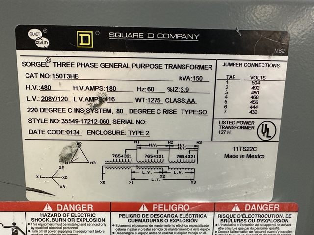 150 KVA 480 Primary, 208Y/120 Secondary, Square D, General Purpose Transformer, 3 Phase, 60 Hz, 180/416 Amps - Image 4
