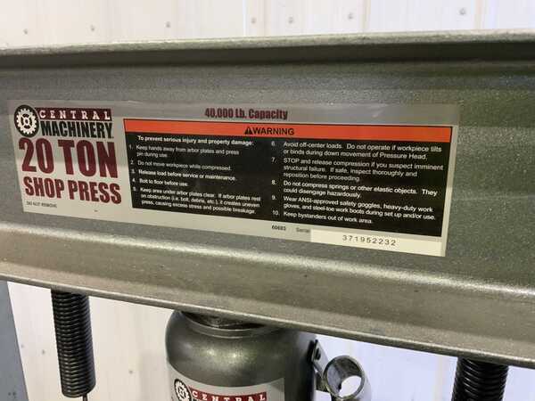 20 Ton, Central Machinery #60607, H Frame Press, 26" x 8.25" Bed Area, 22.375" Between Housings, 5.5" Stroke - Image 4