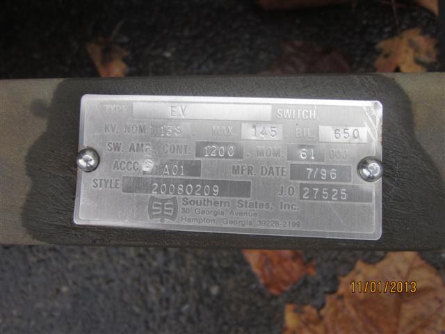 1200 Amp. SOUTHERN STATES, No. EV, 145000 Volts, manually operated, HZ MT - VT BK, 61KA - Image 2