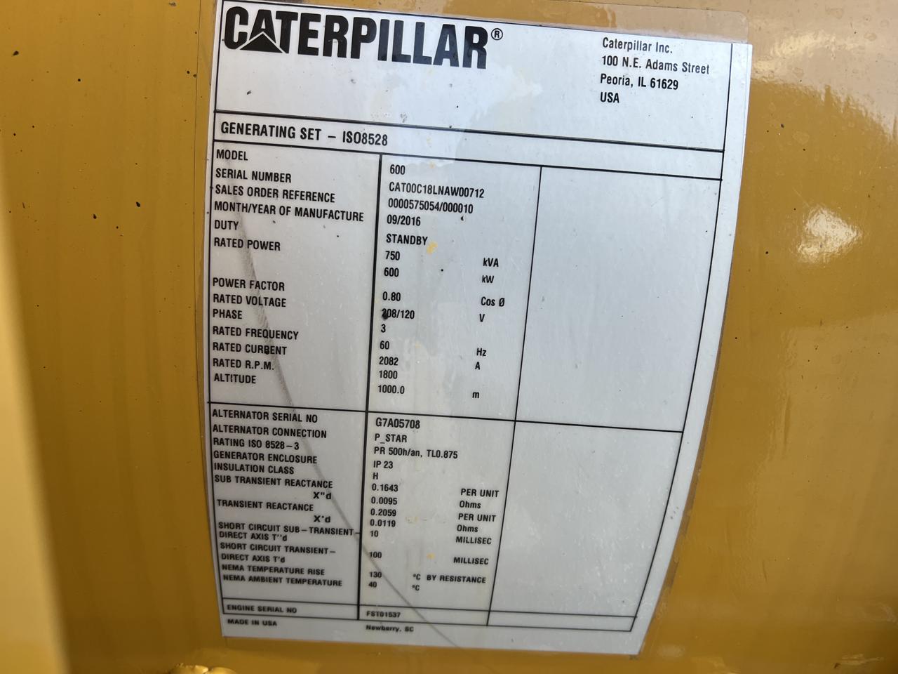 600 KW Caterpillar #C18, diesel generator set, 120/208 Volts, 1/3 hours, 167 hs, EPA Tier 2, open skid - Image 8