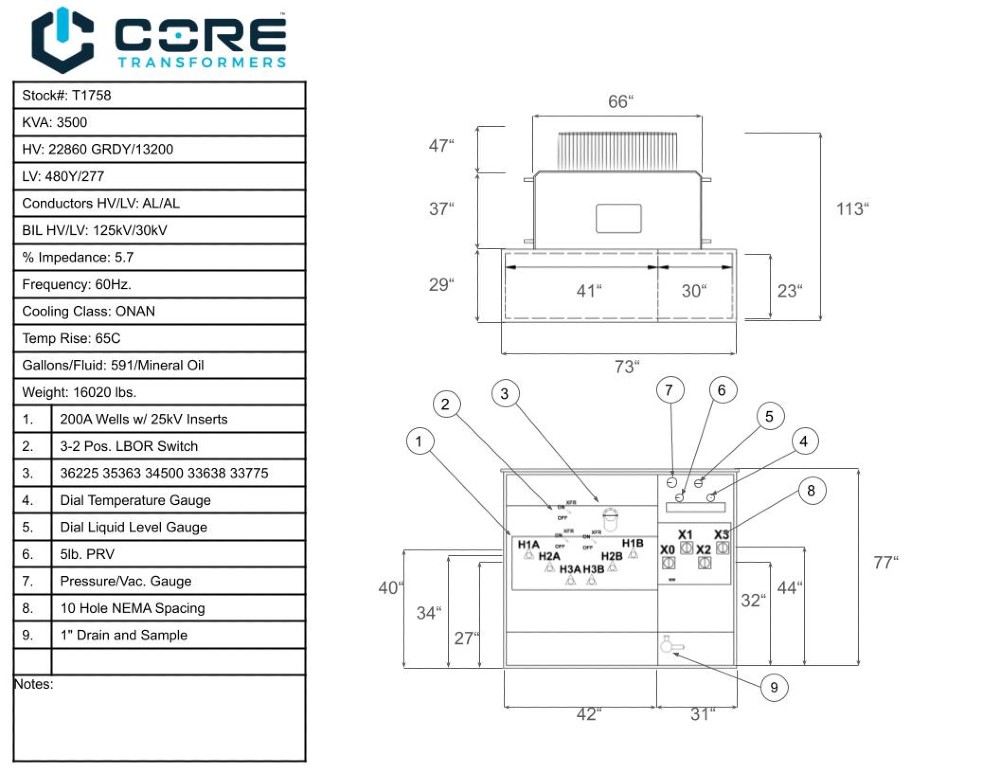 3500 KVA 22860GrdY/13200 Primary, 480Y/277 Secondary, PAD, Recon - Image 1