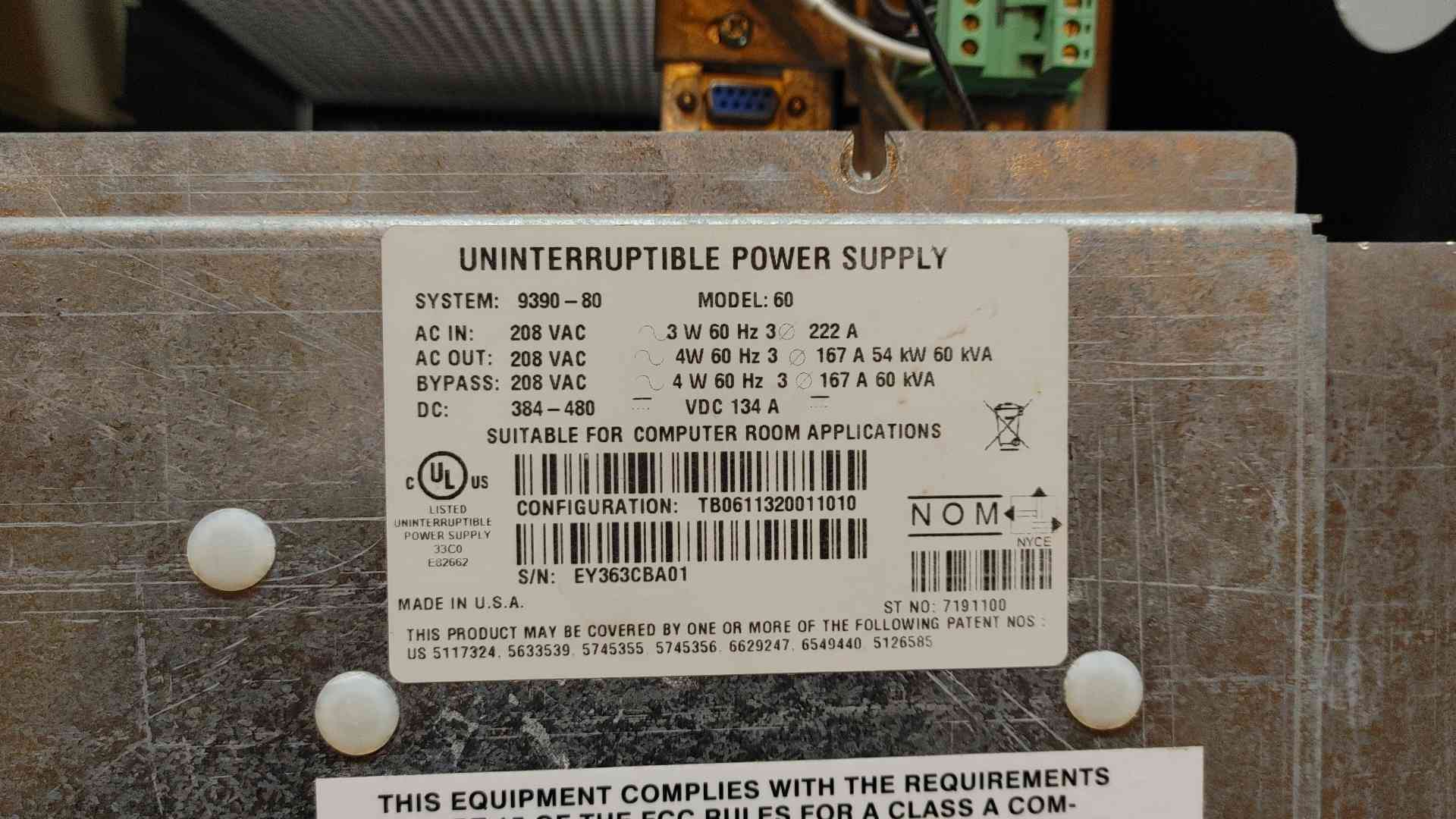 60.0 KVA Eaton 60, Powerware 9390-80 uninterruptible power supplies, 3 Phase, 3/4 Wire, 60 Hz, 54 kW, 167 - Image 5