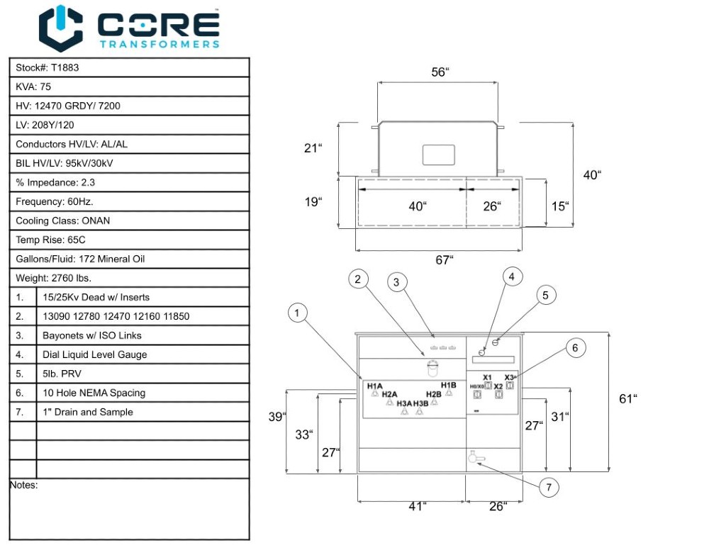 75 KVA 12470 GrdY/720 Primary, 208Y/120 Secondary, PAD, Recon - Image 1