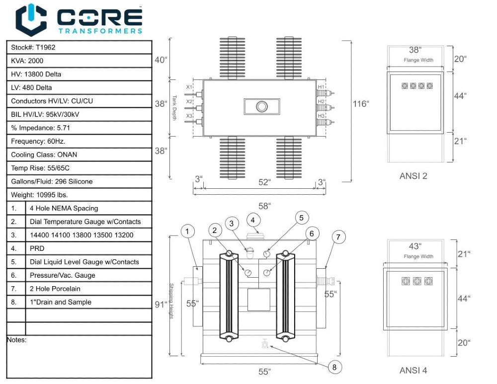 2000 KVA 13800 Delta Primary, 480 Delta Secondary, SUB, Recon(shipment available in 10 days) (2 available) - Image 1