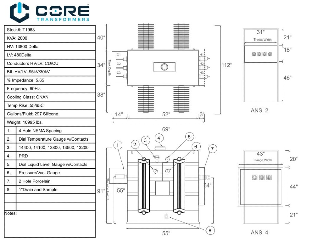 2000 KVA 13800 Delta Primary, 480 Delta Secondary, SUB, Recon(shipment available in 10 days) (2 available) - Image 2