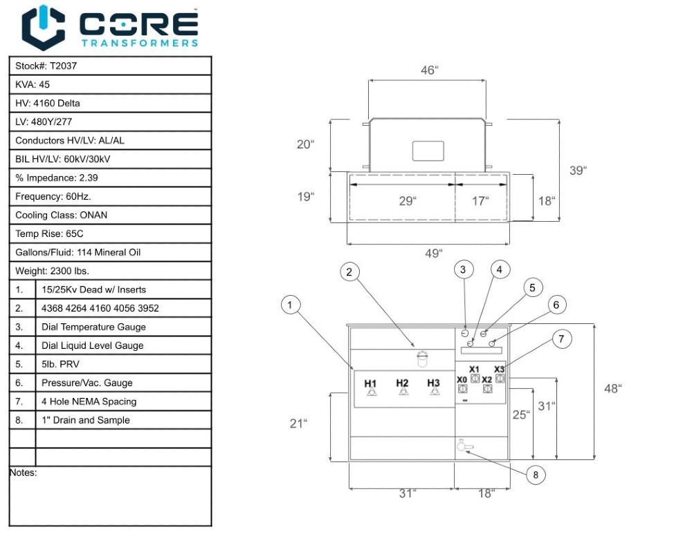 45 KVA 4160 Delta Primary, 480Y/277 Secondary, PAD, Recon - Image 1