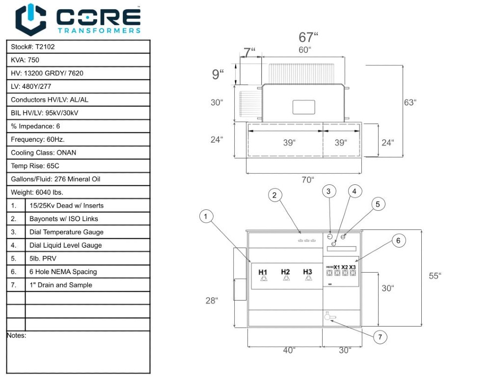 750 KVA 13200GrdY/7620 Primary, 480Y/277 Secondary, Pad, Recon - Image 1