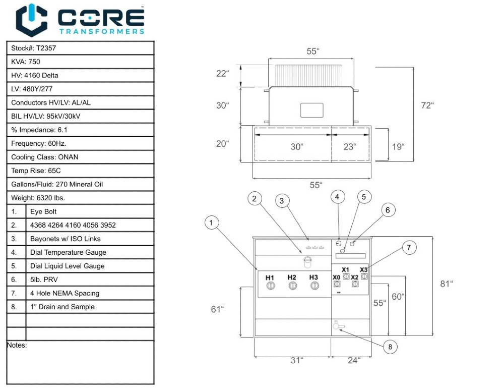 750 KVA 4160 Delta Primary, 480Y/277 Secondary, Pad, Recon - Image 1