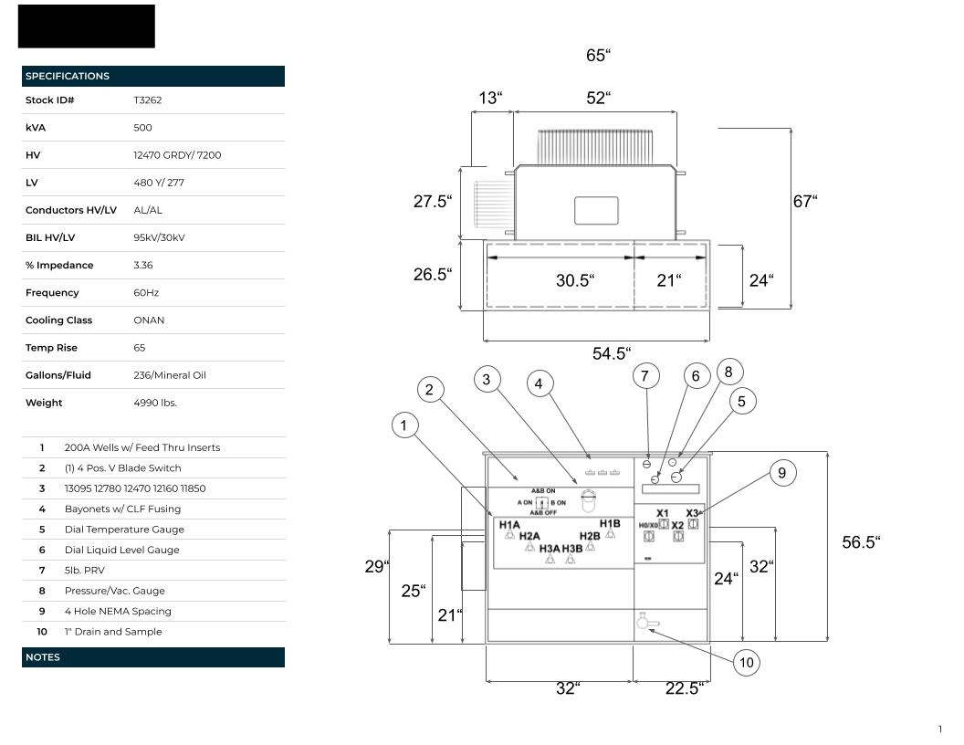 500 KVA 12470GrdY/7200 Primary, 480Y/277 Secondary, PAD, Recon(2 available, shipment available in 10 days) - Image 2