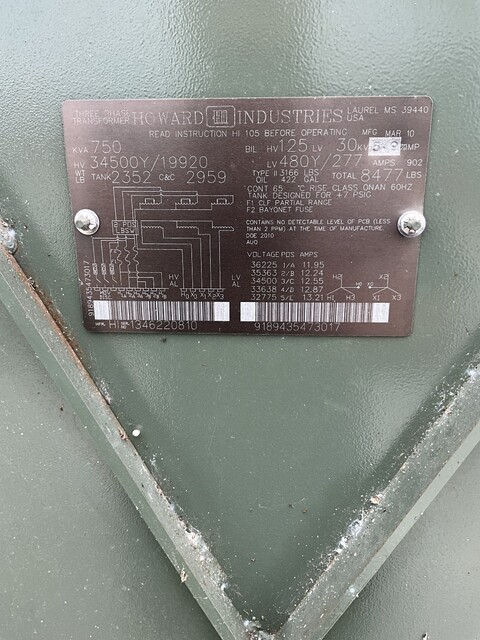 750 KVA 34500Y/19920 Primary, 480Y/277 Secondary, 3 phase, Padmount Transformer - Image 1