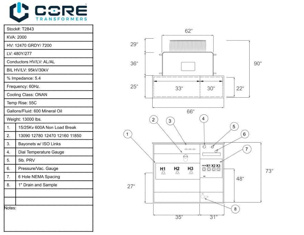2000 KVA 12470GrdY/7200 Primary, 480Y/277 Secondary, PAD, Recon (2 available) - Image 2