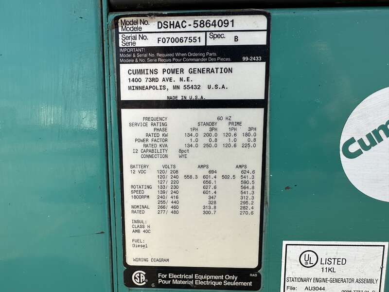 200 KW Cummins #DSHAC, diesel generator set, 277/480 Volts, 81 hours, 364 HP @ 1800 RPM, QSB7-G5 NR3 engine - Image 8