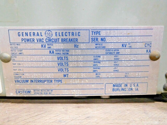 1200 Amps, General Electric, VB-7.2-500-3, Power VAC Circuit Breaker, 8.25 KV, 125 VDC - Image 8