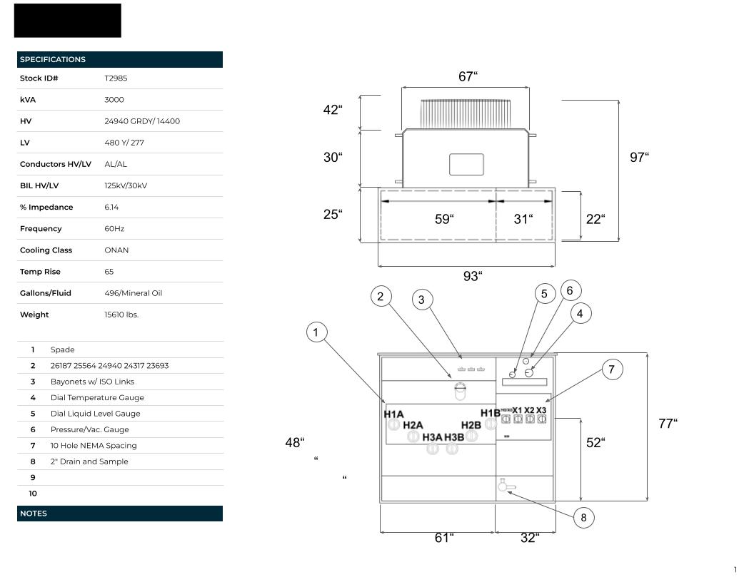 3000 KVA 24940GrdY/14400 Primary, 480Y/277 Secondary, PAD, Recon - Image 2