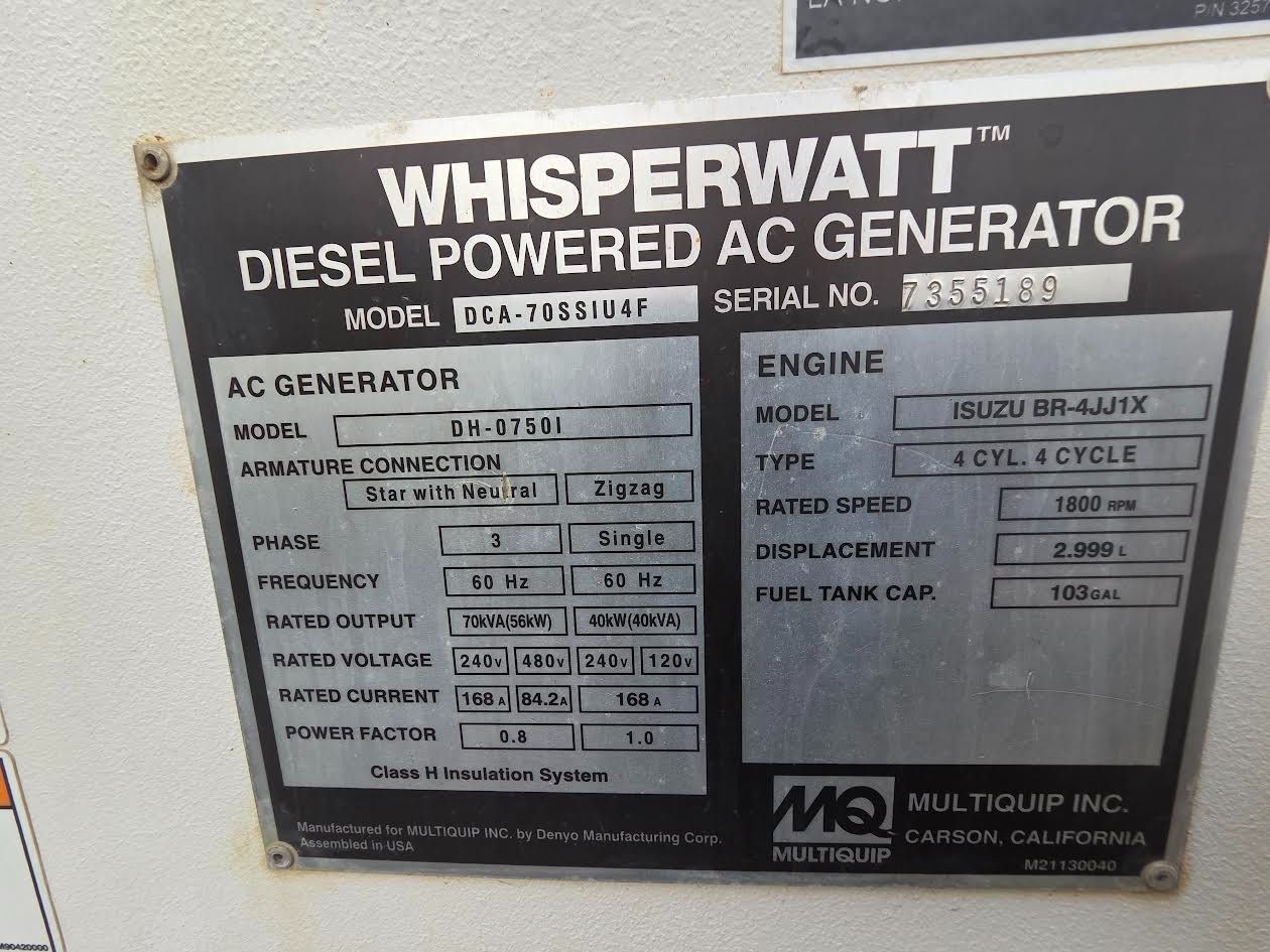 56 KW Multiquip #DCA70SSJU4F, diesel generator set, 480 Volts, 3-phase, 1800 RPM, John Deere 4045HFG04 - Image 4