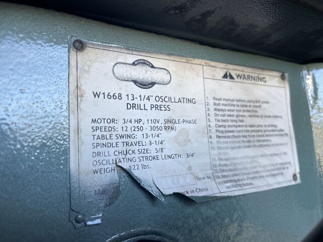 Shop Fox #W1668, Drill Press, 13-1/4" swing, 250-3050 RPM, 3/4 HP, 110 V., 1ph - Image 4