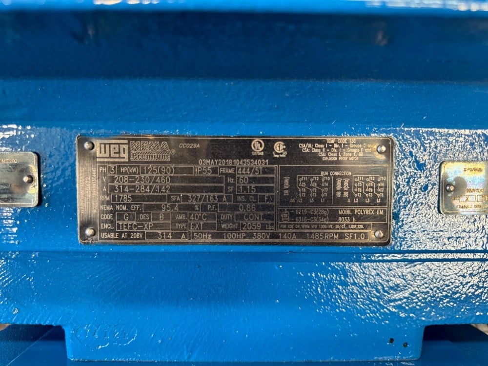 125 HP 1785 RPM Weg 12518XT3E444T, Frame 444/5T, TEFC, explosion proof, 3 phase, 230/460 Volts, refurbished - Image 1