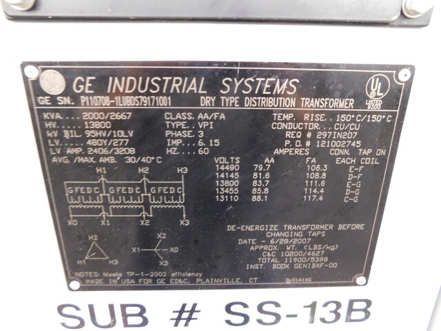 2000/2667 KVA 13800 Primary, 480Y/277 Secondary, General Electric, dry type transformer - Image 9